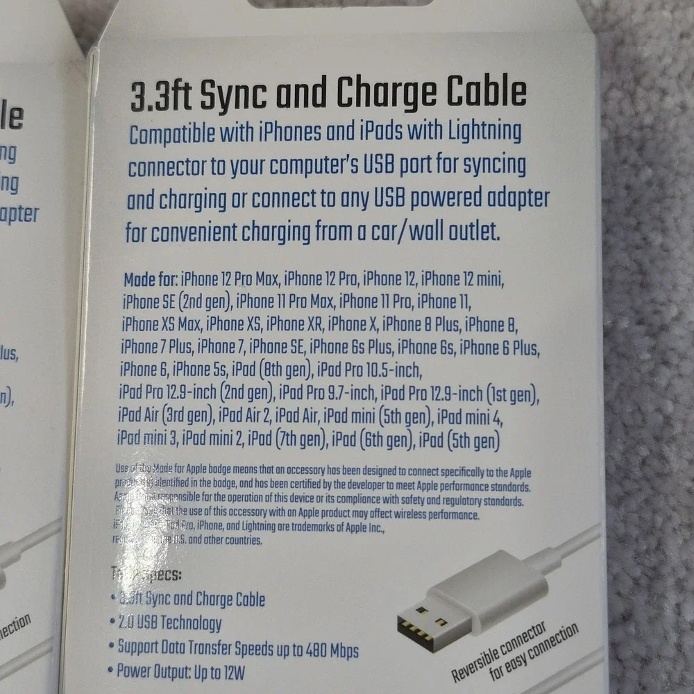 2 Mobilsmart iphone & ipad Charging Cable Sync Charge 3.3ft Lighting To USB New